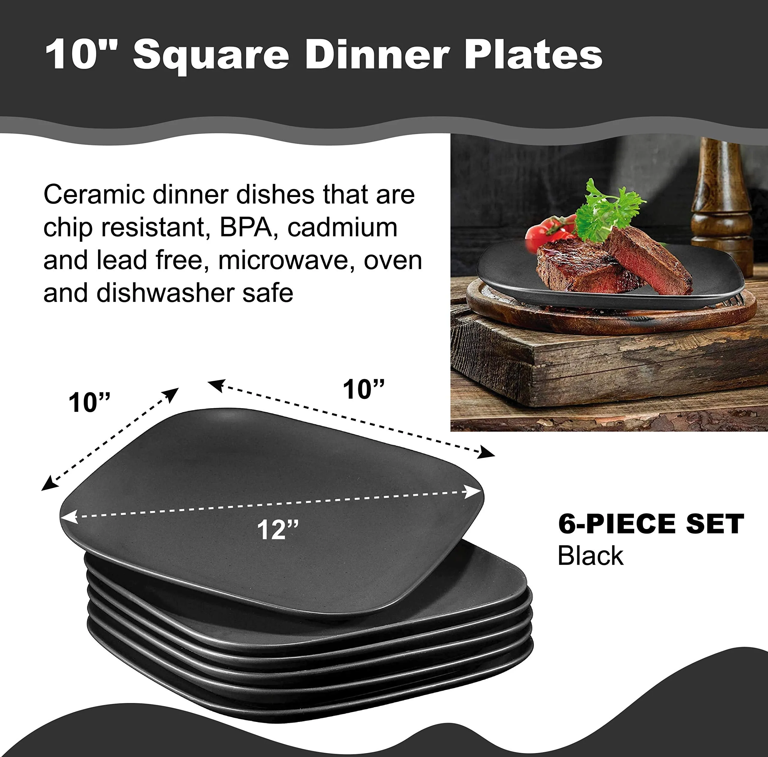 10" Square Ceramic Buffet Restaurant Dinner Plates, Stackable Set of 6, Black, Chip