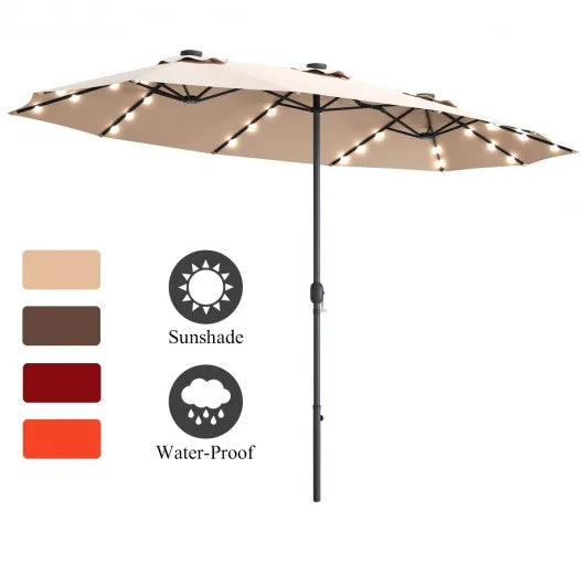 15 Ft Patio LED Crank Solar Powered 36 Lights  Umbrella-Beige