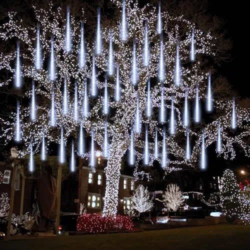 2-Pack Christmas Decorations Lights Outdoor, Total 384LED Meteor Shower Lights Rain Drop Christmas Lights 30cm 16 Tubes Indoor Outdoor Icicle String Lights for Xmas Tree Roof Party Garden (Cool White)