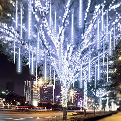 2-Pack Christmas Decorations Lights Outdoor, Total 384LED Meteor Shower Lights Rain Drop Christmas Lights 30cm 16 Tubes Indoor Outdoor Icicle String Lights for Xmas Tree Roof Party Garden (Cool White)