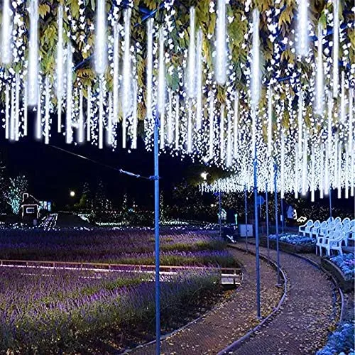 2-Pack Christmas Decorations Lights Outdoor, Total 384LED Meteor Shower Lights Rain Drop Christmas Lights 30cm 16 Tubes Indoor Outdoor Icicle String Lights for Xmas Tree Roof Party Garden (Cool White)