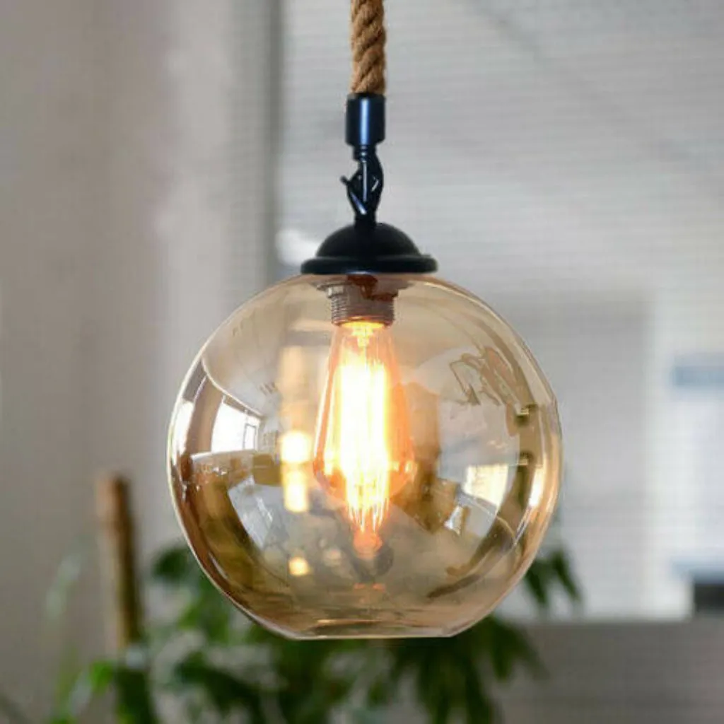 2m Hemp Rope Pendant with Glass Lamp Shade - Industrial