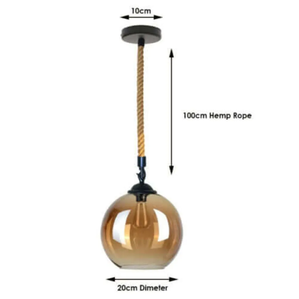 2m Hemp Rope Pendant with Glass Lamp Shade - Industrial