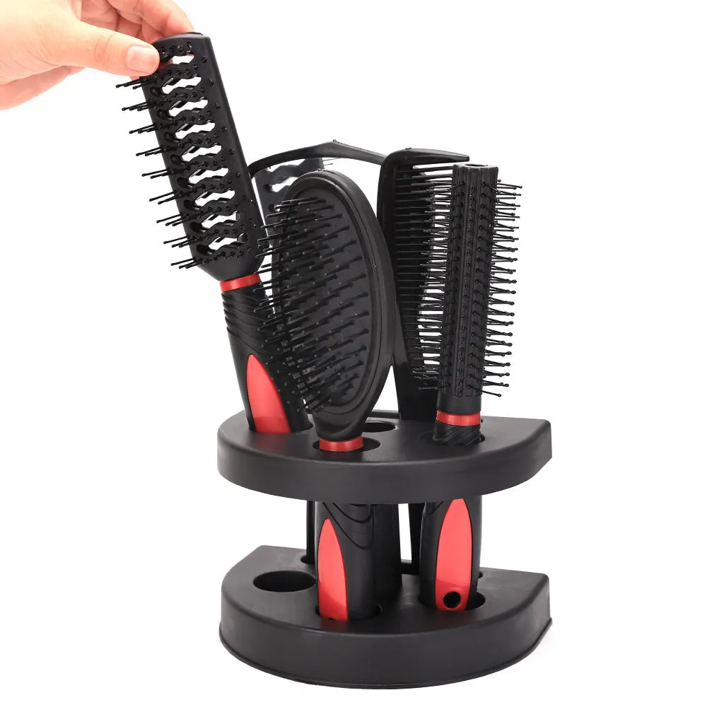 5 Pcs Salon Styling Set Women Travel Makeup Adults Hair Brush with Holder Home Portable Anti-Static Combs Mirror Tool