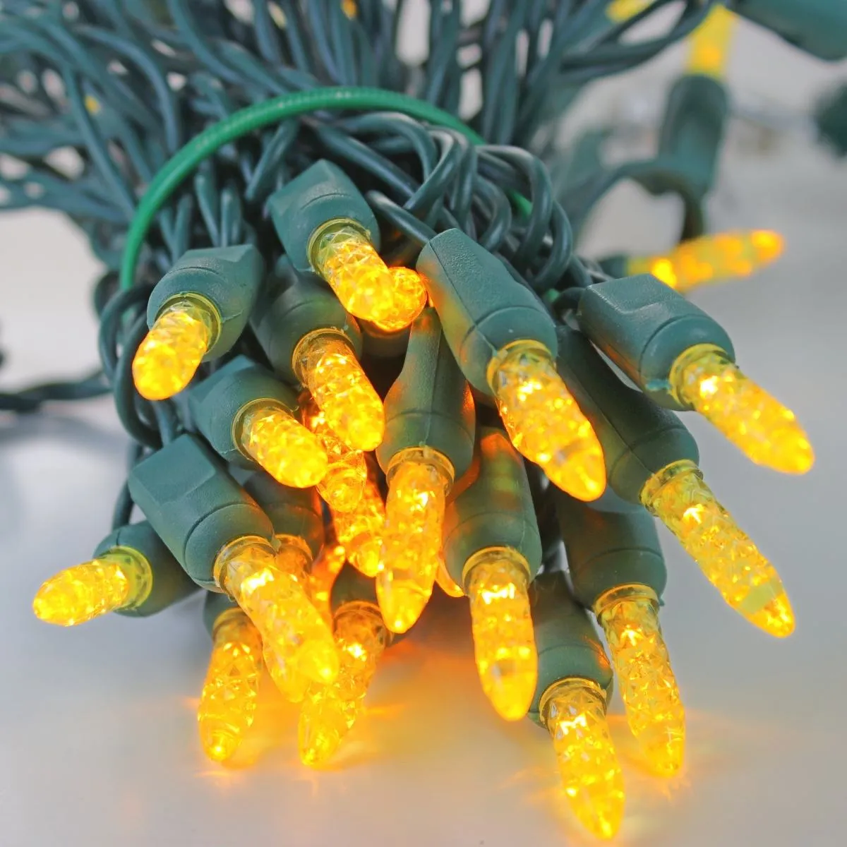 50-light  M5 Yellow LED Christmas Lights, 4" Spacing Green Wire