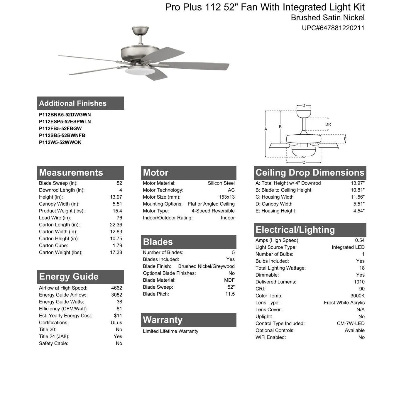 52" Pro Plus 112 in Brushed Nickel w/ Brushed Nickel/Greywood Blades