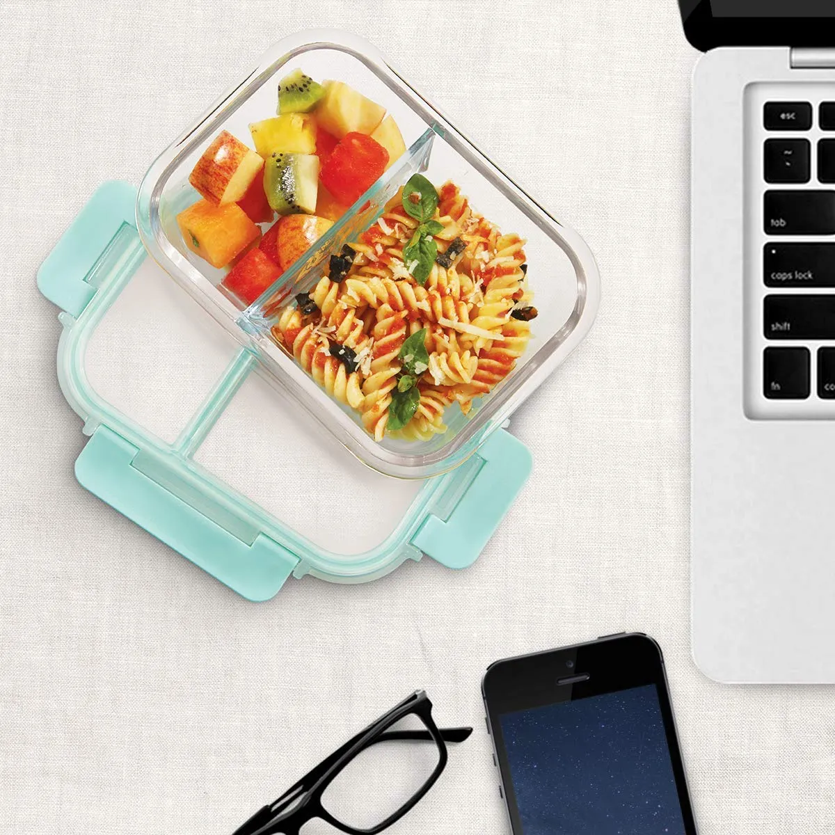 Allo FoodSafe 580ml x 1 Glass Microwave 450°C Oven Safe Lunch Box with Break Free Detachable Lock | High Borosilicate | Office Tiffin with Chevron Mint Flat Bag | Rectangle Divider