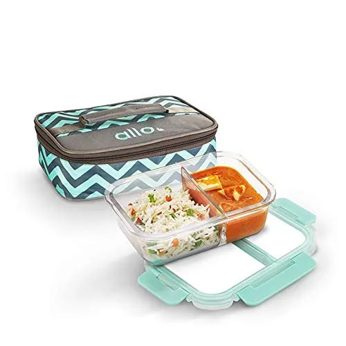 Allo FoodSafe 580ml x 1 Glass Microwave 450°C Oven Safe Lunch Box with Break Free Detachable Lock | High Borosilicate | Office Tiffin with Chevron Mint Flat Bag | Rectangle Divider