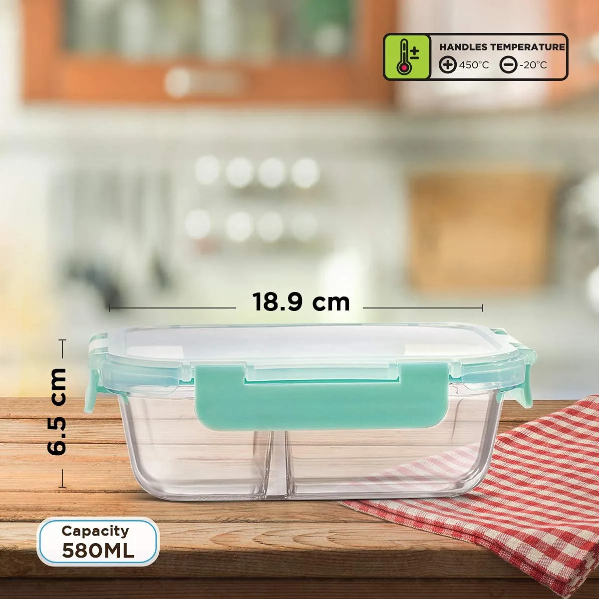 Allo FoodSafe 580ml x 1 Glass Microwave 450°C Oven Safe Lunch Box with Break Free Detachable Lock | High Borosilicate | Office Tiffin with Chevron Mint Flat Bag | Rectangle Divider