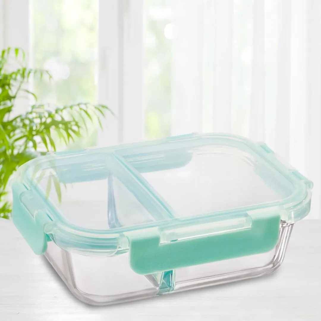 Allo FoodSafe 580ml x 1 Glass Microwave 450°C Oven Safe Lunch Box with Break Free Detachable Lock | High Borosilicate | Office Tiffin with Chevron Mint Flat Bag | Rectangle Divider