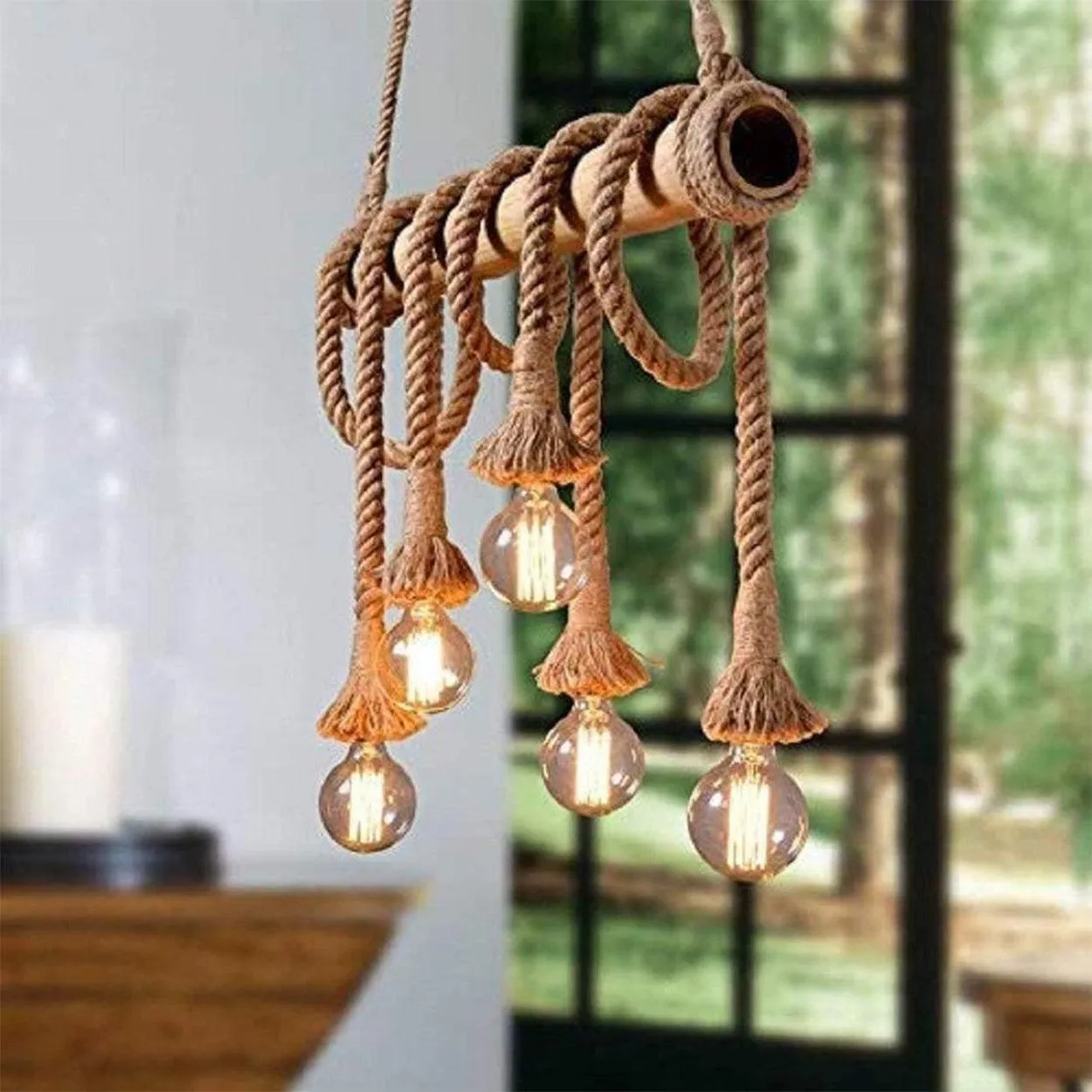 ANKUR BAMBOO 6 HEMP ROPE LIGHT CHANDELIER