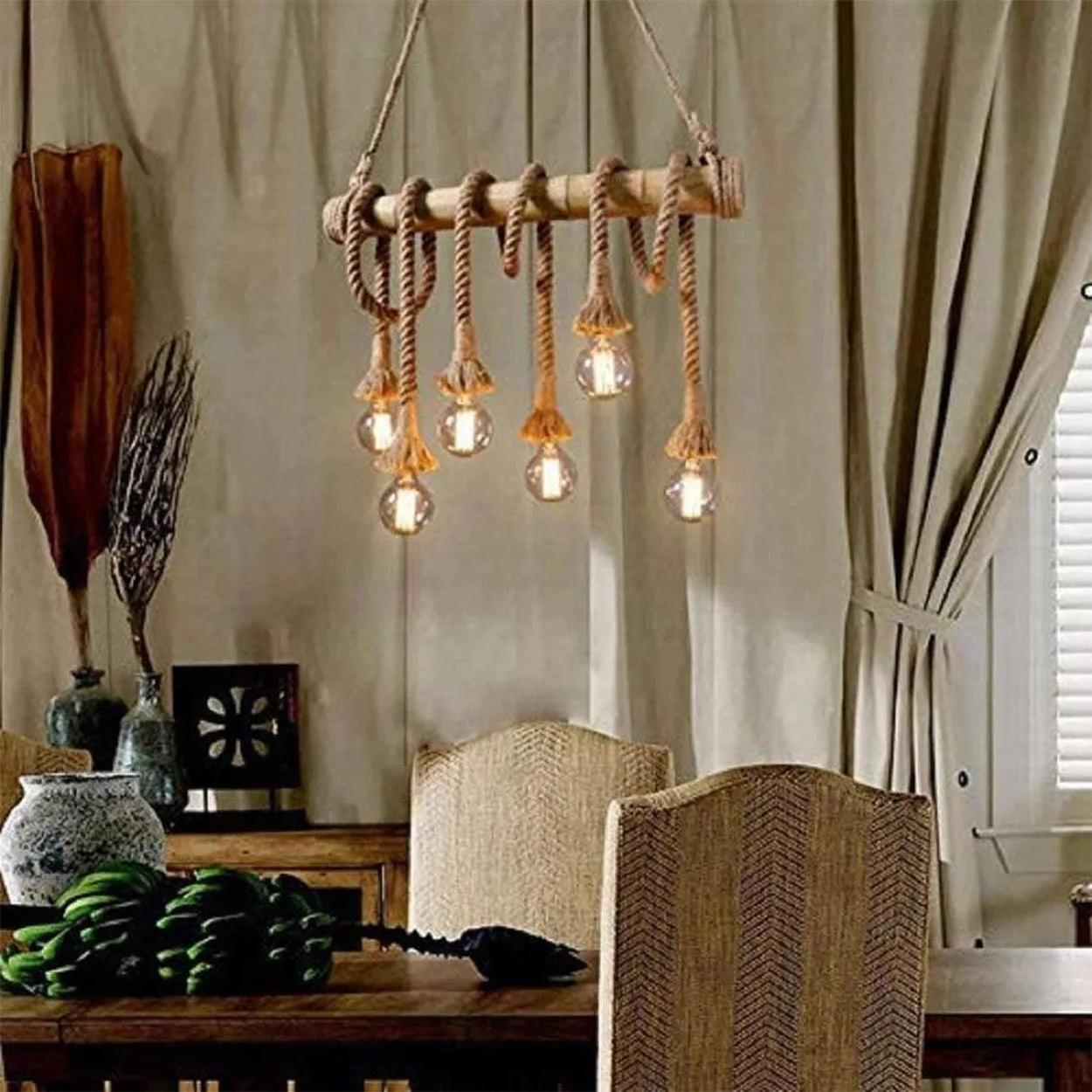 ANKUR BAMBOO 6 HEMP ROPE LIGHT CHANDELIER