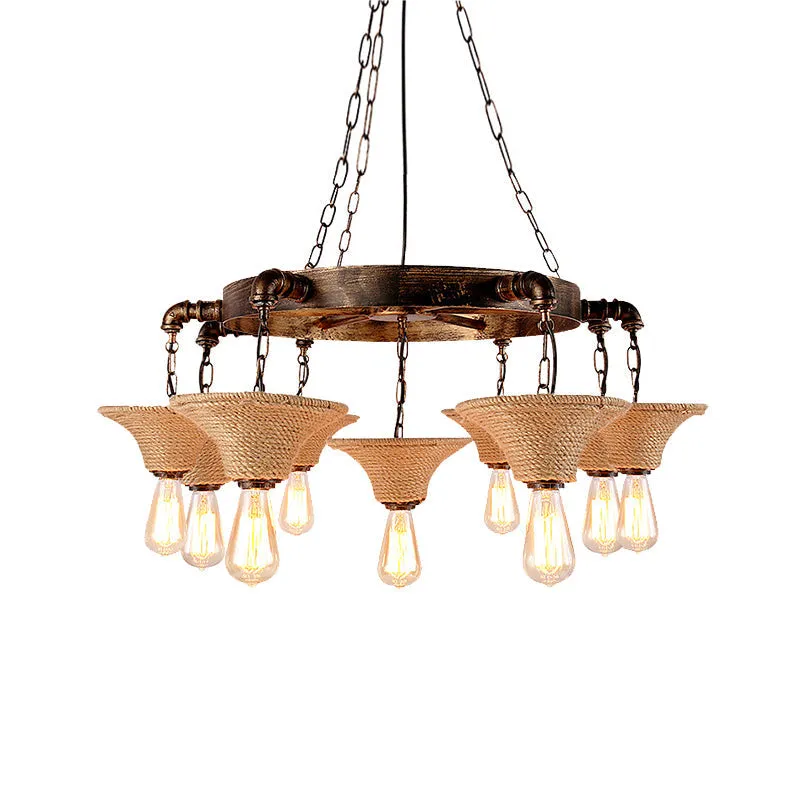 Antique Bronze 7/9-Bulb Rope Chandelier for Rustic Dining Room - Cone Shade Pendant Light