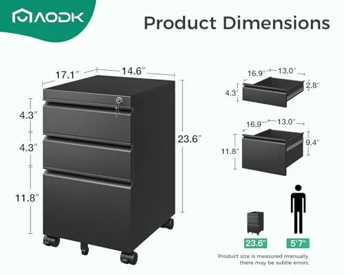 AODK File Cabinet for Home Office, Fully Assembled Filing Cabinet 3 Drawer Rolling File Cabinets with Lock, Small Mobile File Storage Cabinets for A4/Legal/Letter File, Black