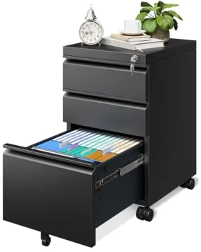 AODK File Cabinet for Home Office, Fully Assembled Filing Cabinet 3 Drawer Rolling File Cabinets with Lock, Small Mobile File Storage Cabinets for A4/Legal/Letter File, Black