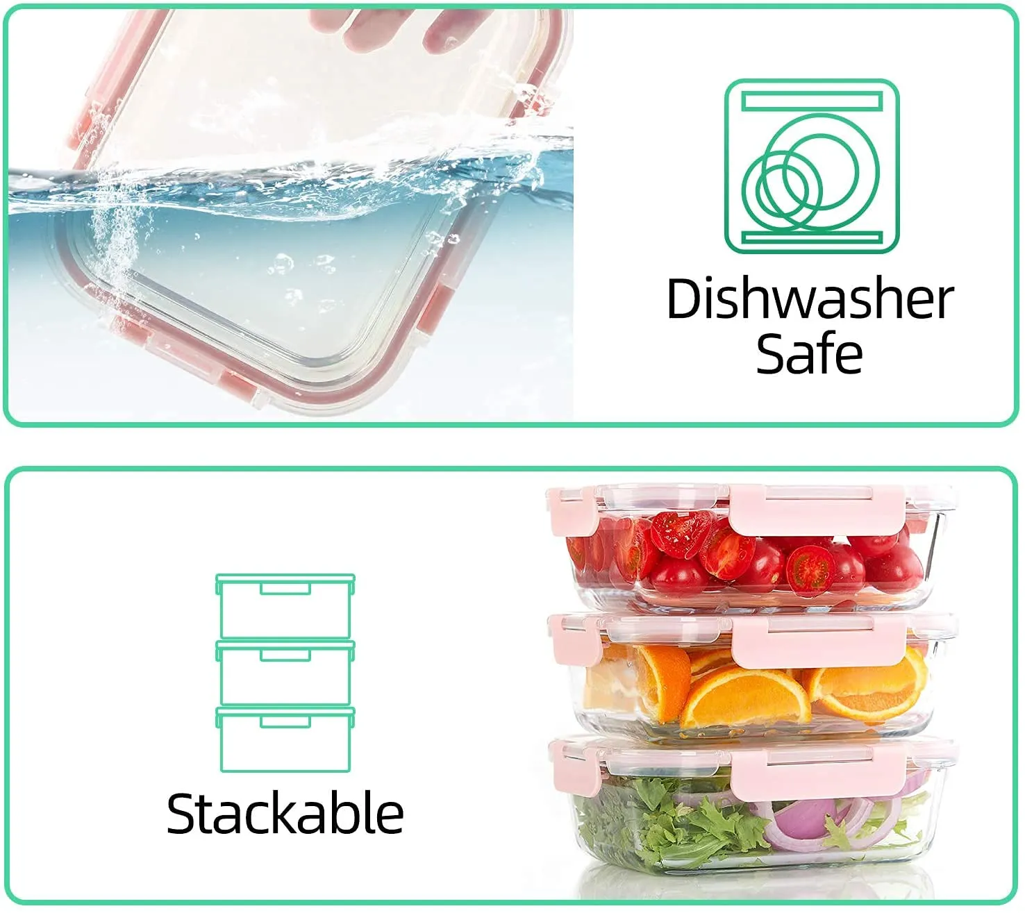 Ash & Roh® 660 ML Glass Food Storage Containers with Blue Lids, Glass Meal Prep Containers, Airtight Glass Lunch ,BPA Free & Leak Proof (3 PACK, SQUARE)