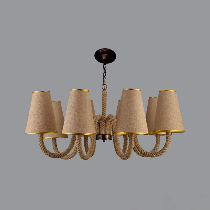 Beige Ceiling Chandelier with Antiqued Rope Design and Fabric Shade