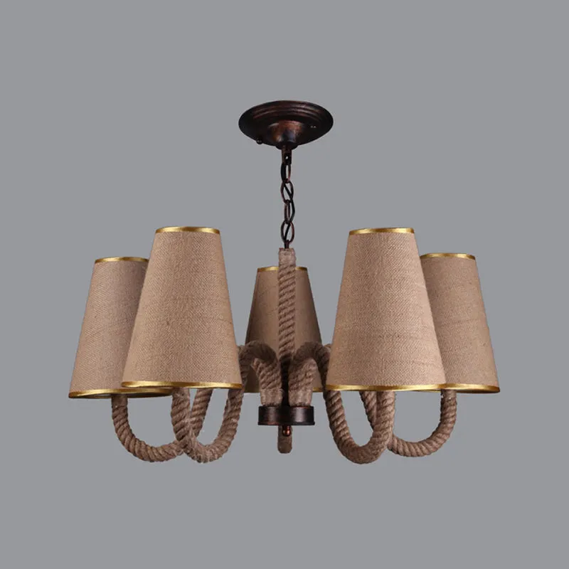 Beige Ceiling Chandelier with Antiqued Rope Design and Fabric Shade