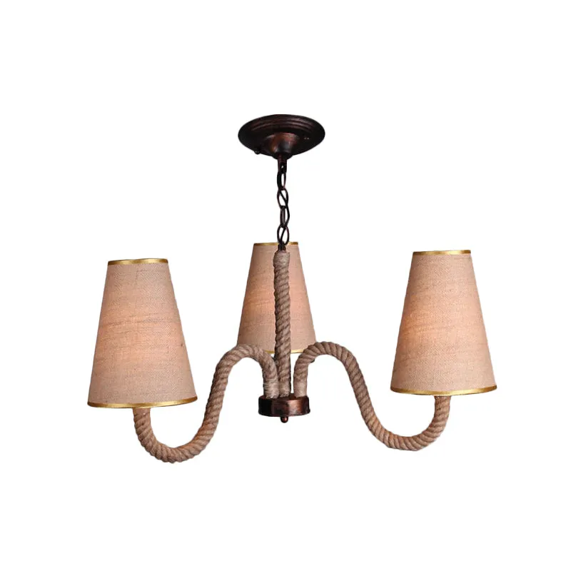 Beige Ceiling Chandelier with Antiqued Rope Design and Fabric Shade