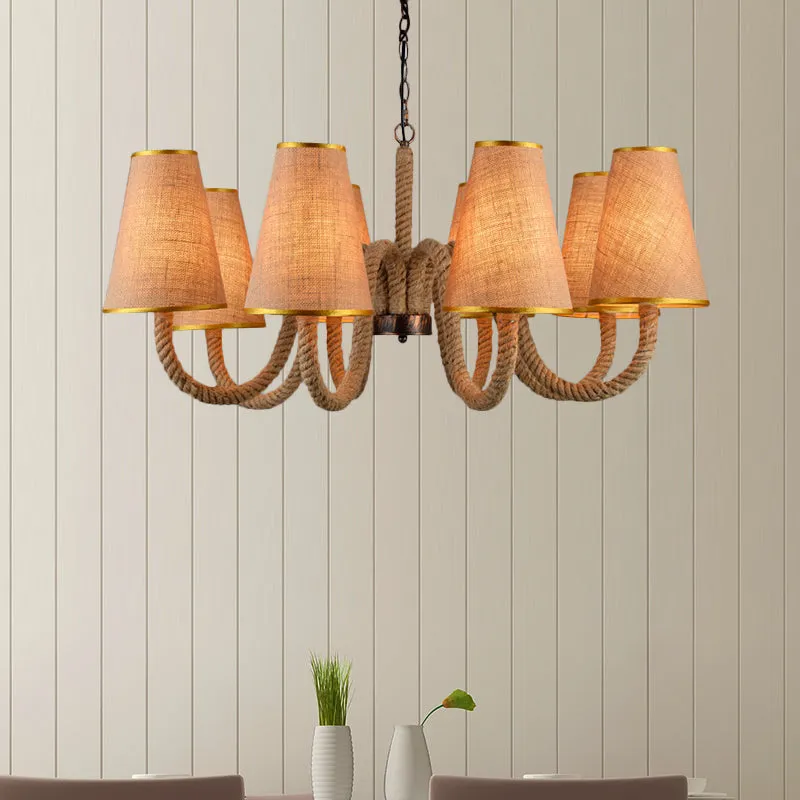 Beige Ceiling Chandelier with Antiqued Rope Design and Fabric Shade