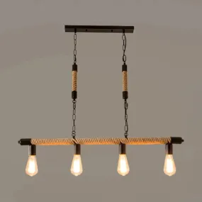 Beige Rope Island Light Fixture - Industrial Linear 4-Light Pendant with Bare Bulb Design