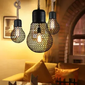 Black Metal Pendant Light with Industrial Mesh Screen - Stylish Hanging Ceiling Fixture for Restaurant with Authentic Rope and 1 Light Bulb