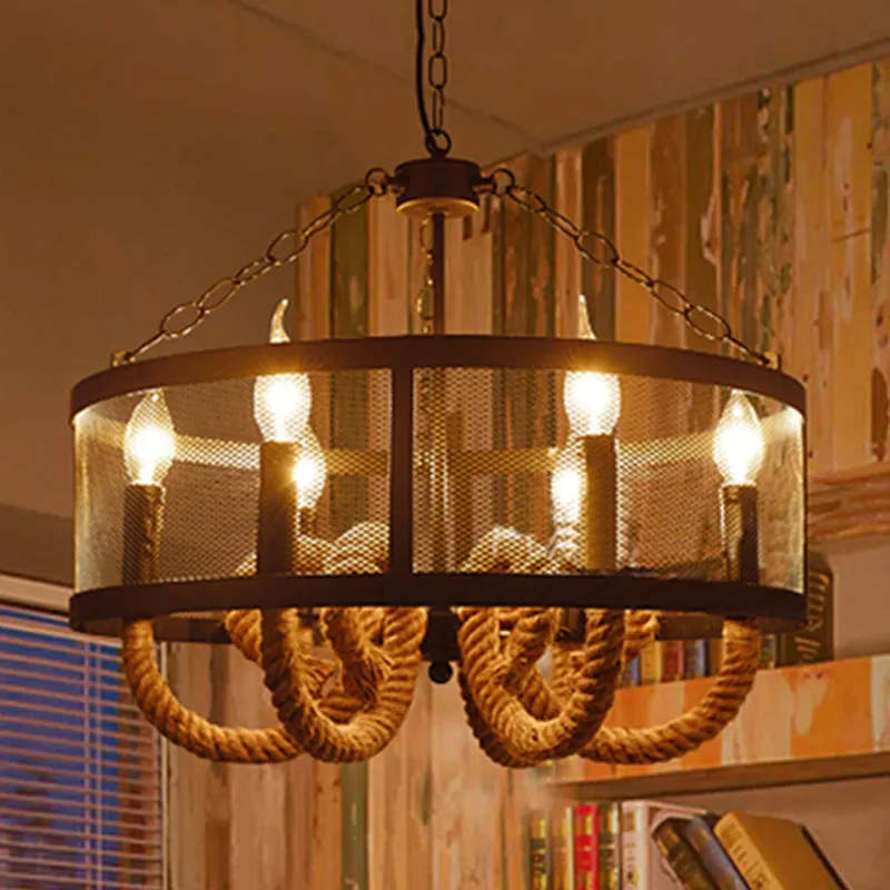 Black Pendant Lamp with 6-Light Industrial Chandelier and Wire Mesh