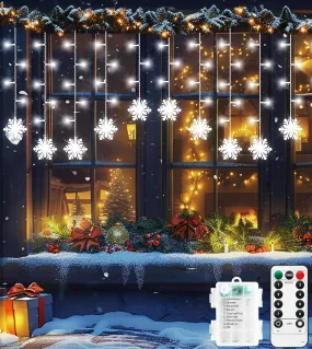 Christmas Window Light Battery Powered 90 LED 3.5M Snowflakes Curtain Lights, Christmas Lights 8 Modes, Waterproof Icicle Lights for Window, Garden, Party, Bedroom, Patio Decoration (White)