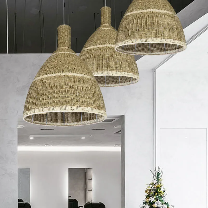 Contemporary Coastal Watercress Rope Rattan Weaving Dome 1-Light Pendant Light For Living Room