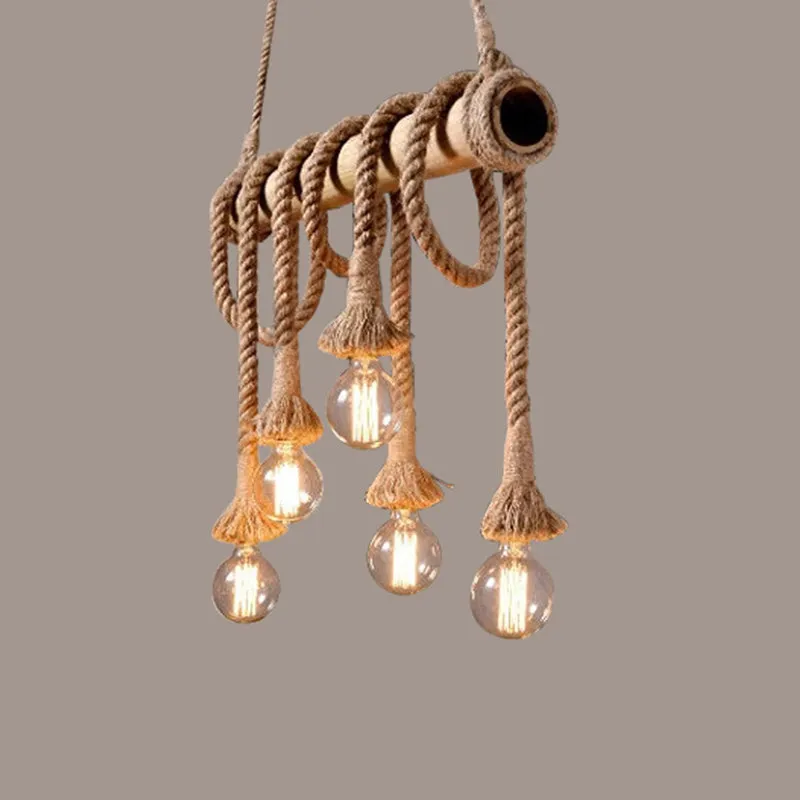 Country Hemp Rope Pendant Lighting with Bamboo Stick - 6 Bulbs, Brown Finish