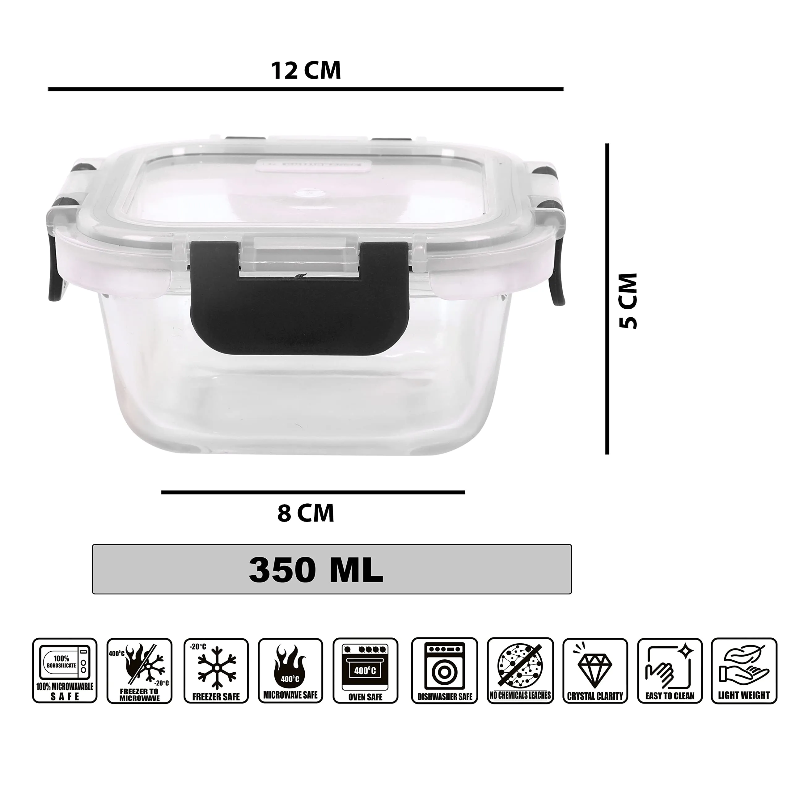 Cutting EDGE Square Glass Food Storage Lunch Box 350ml (Set of 2) with Lunch Bag, Microwave Safe, High Borosilicate, Leak Proof, Detachable & Break-Free Lid (Black)