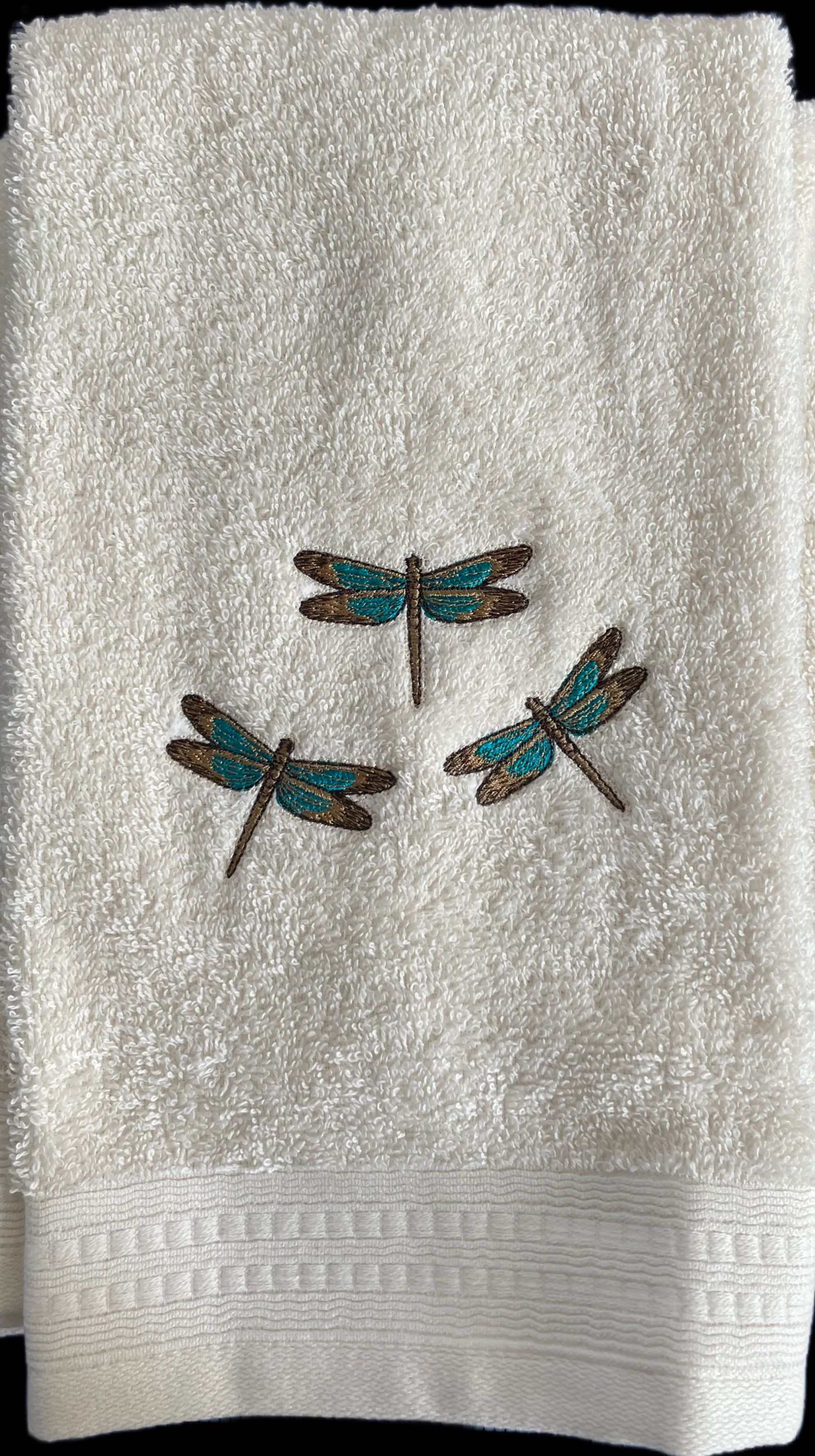 Dragonfly Embroidered Guest Bath Hand Towel. Trio of Dragonflies on Cotton Hand Towel