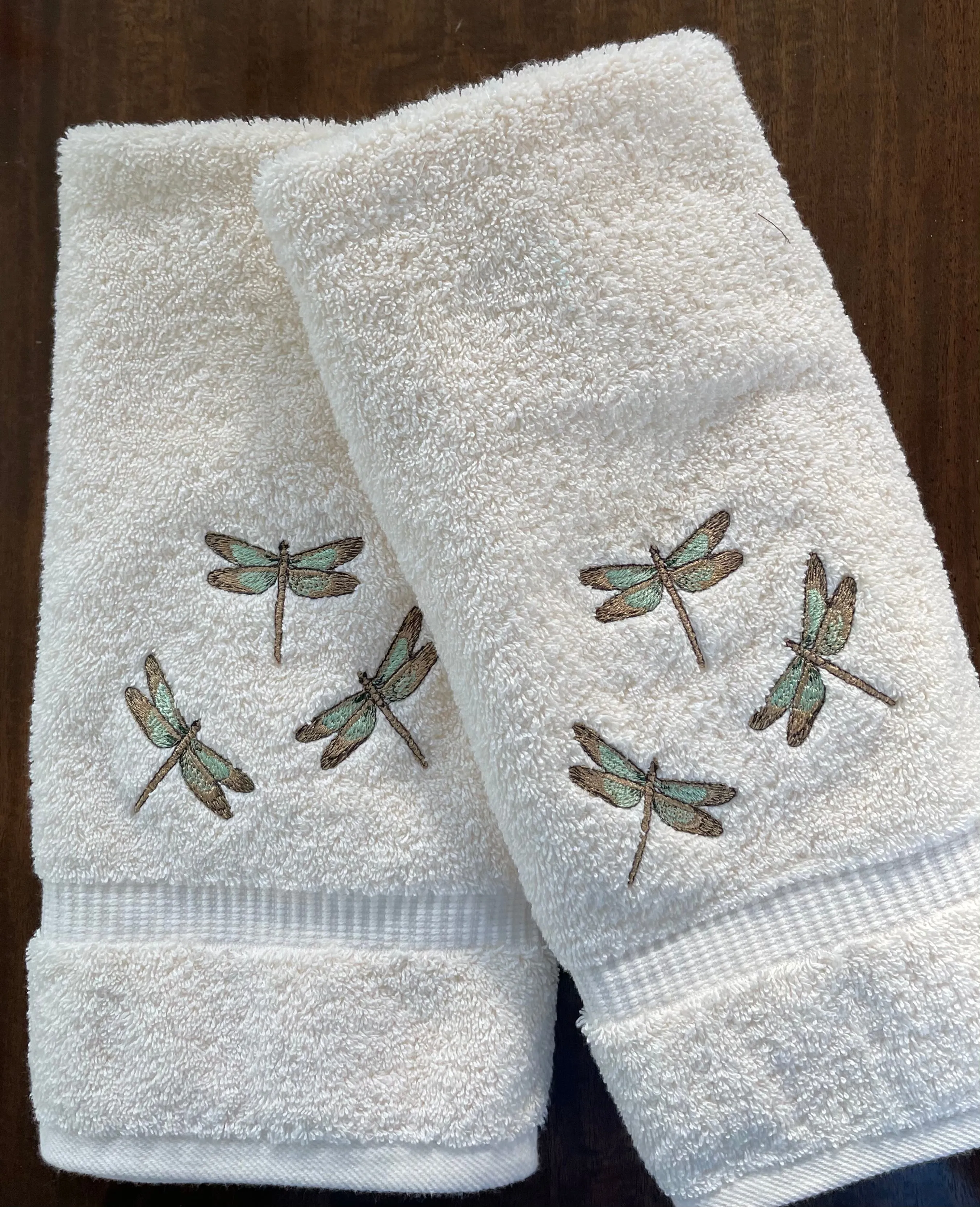 Dragonfly Embroidered Guest Bath Hand Towel. Trio of Dragonflies on Cotton Hand Towel