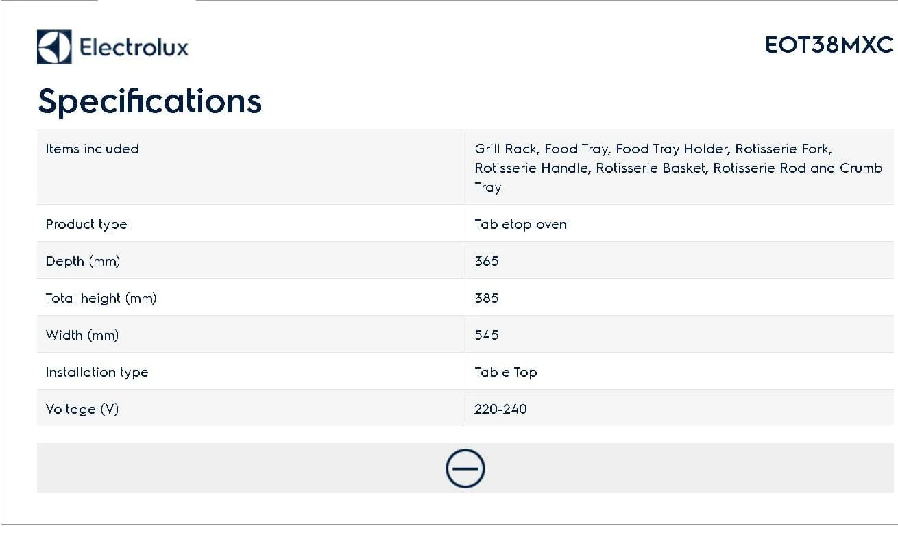 Electrolux EOT38MXC 38L Table Top Electric Oven