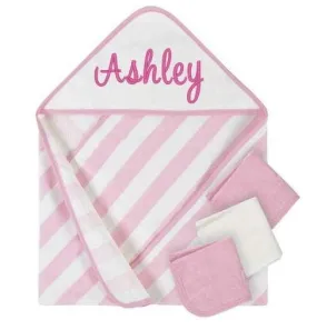 Embroidered 4-Piece Girls Striped Pink Hooded Towel & Washcloths Set