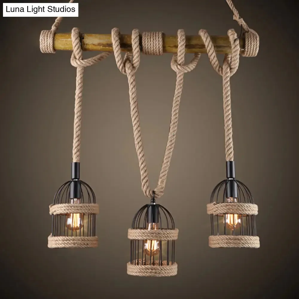 Farm Birdcage Island Lamp: 3-Light Metallic Hanging Ceiling Light with Jute Rope Cord