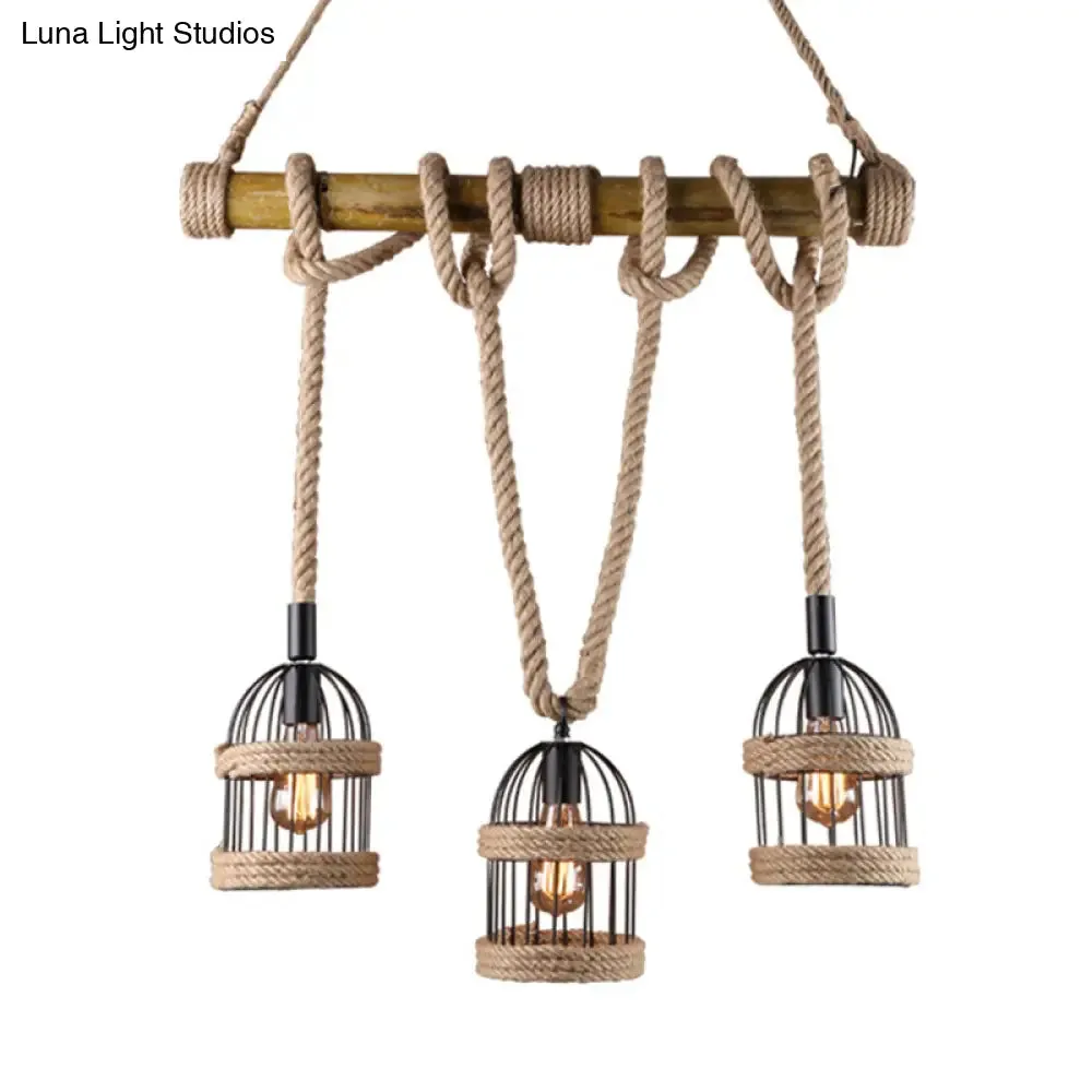 Farm Birdcage Island Lamp: 3-Light Metallic Hanging Ceiling Light with Jute Rope Cord