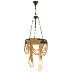 Farmhouse Beige 4-Head Chandelier with Rubber Tyre Pendant and Rope Cord