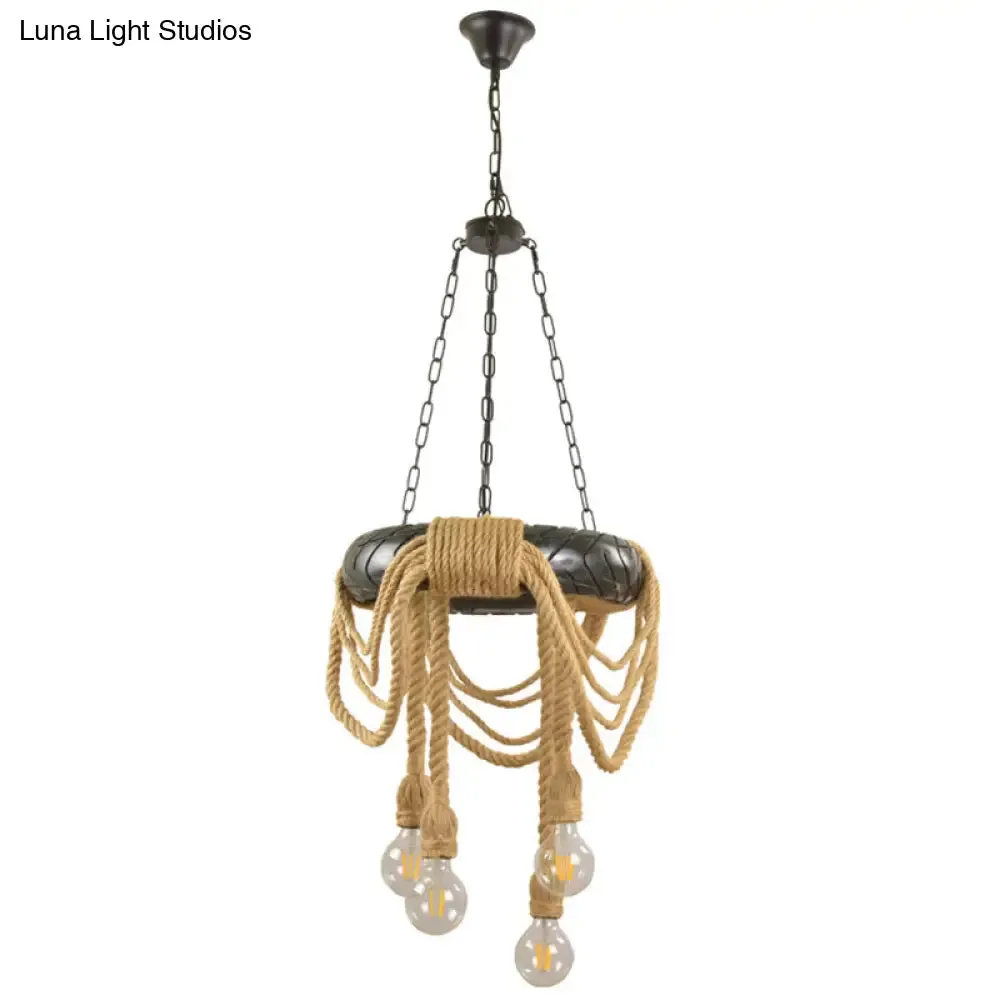 Farmhouse Beige 4-Head Chandelier with Rubber Tyre Pendant and Rope Cord