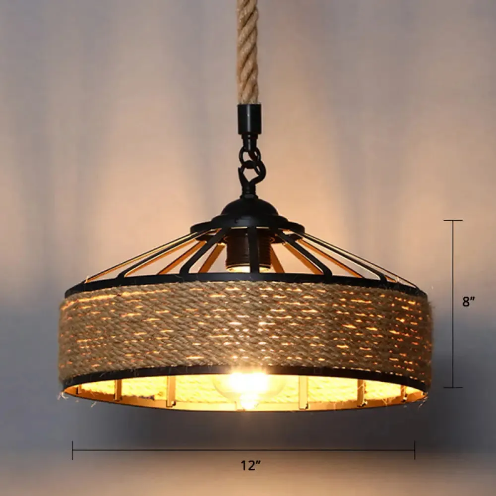 Farmhouse Hemp Rope Pendant Light - Conical Cage Design, Brown Finish, 1 Bulb