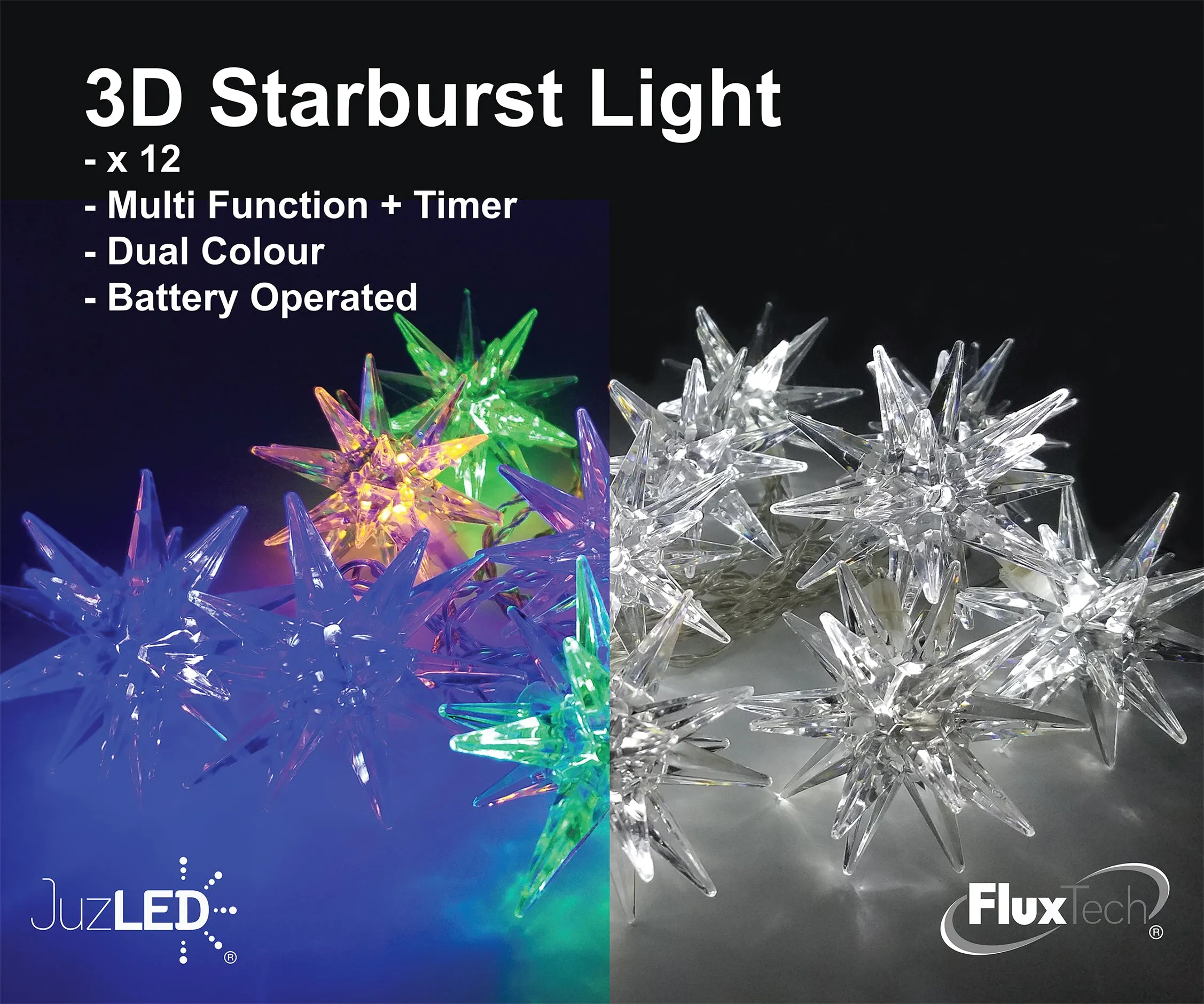 FluxTech - Starburst Star 12 x Dual Colour LED Lights by JustLED – Multi-function Effect – Timer function - Battery Operated