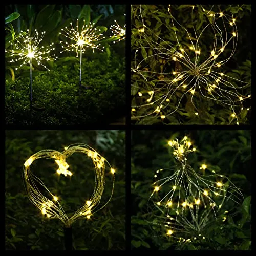 FOOING 4 Pcs Solar Garden Lights Solar Firework Lights, 120 LED Solar Powered String Light 2 Modes Twinkling Solar Lights for Garden, Wedding, Party, Patio(Warm White)