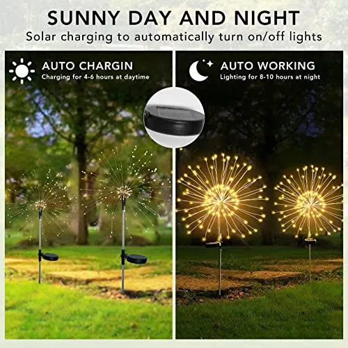 FOOING 4 Pcs Solar Garden Lights Solar Firework Lights, 120 LED Solar Powered String Light 2 Modes Twinkling Solar Lights for Garden, Wedding, Party, Patio(Warm White)