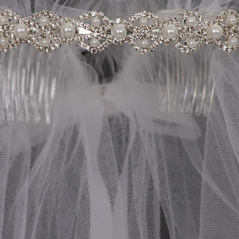 Girls Pearl Crystal Crown Precious Veil Tiara Headpiece