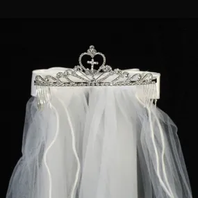 Girls White Cross Rhinestone Satin Bow Communion 24" Veil Tiara