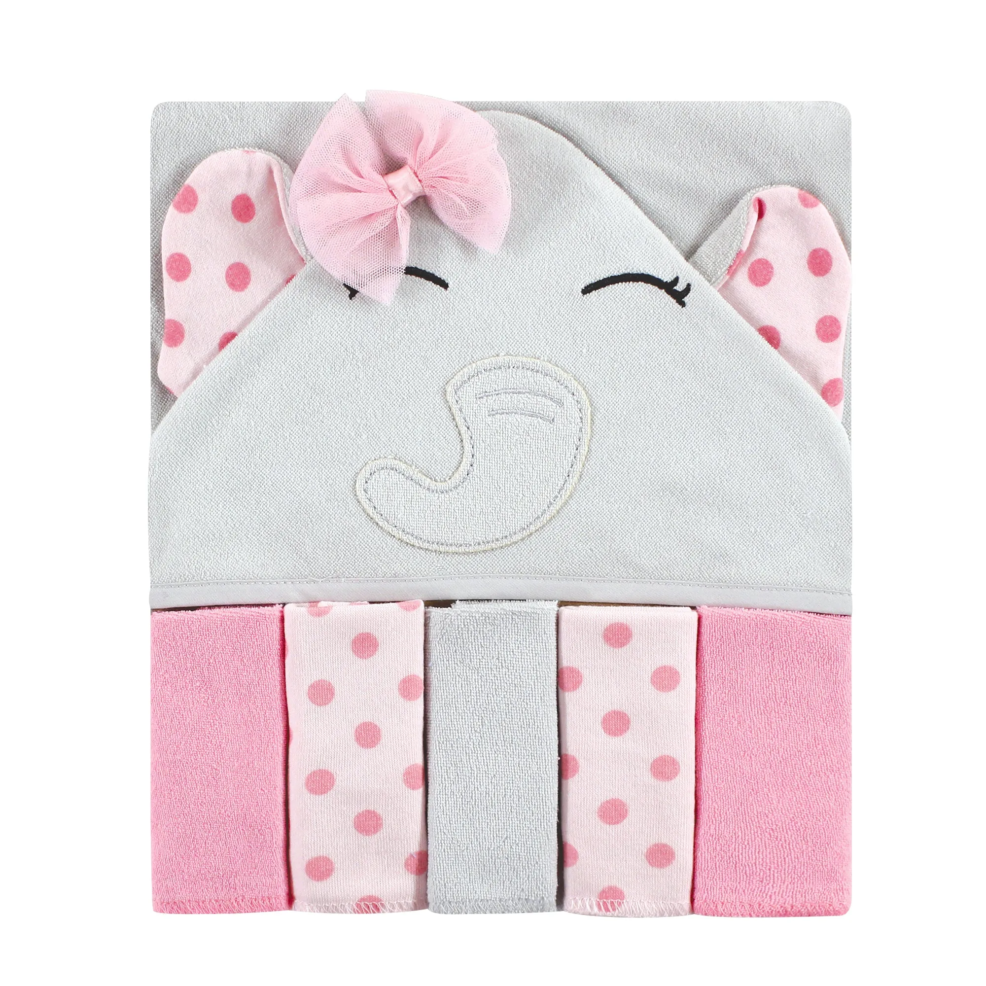 Hudson Baby Hooded Towel and Five Washcloths, Pink Dots Pretty Elephant