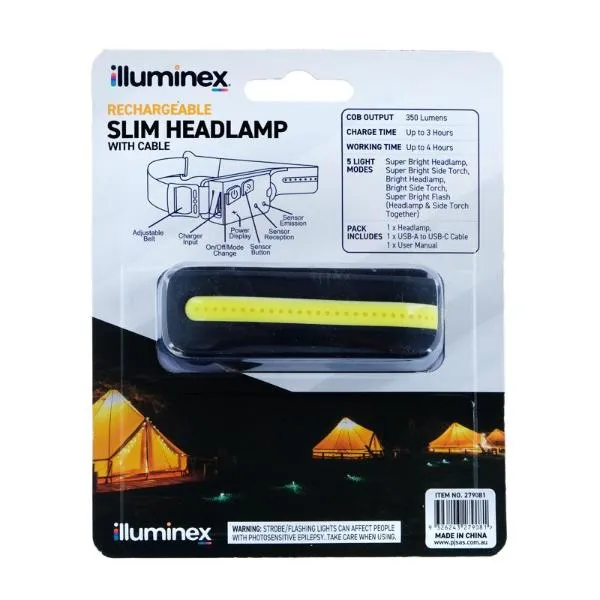 Iluminex COB LED Rechargeable 250 Lumens Slim Headlamp With Cable