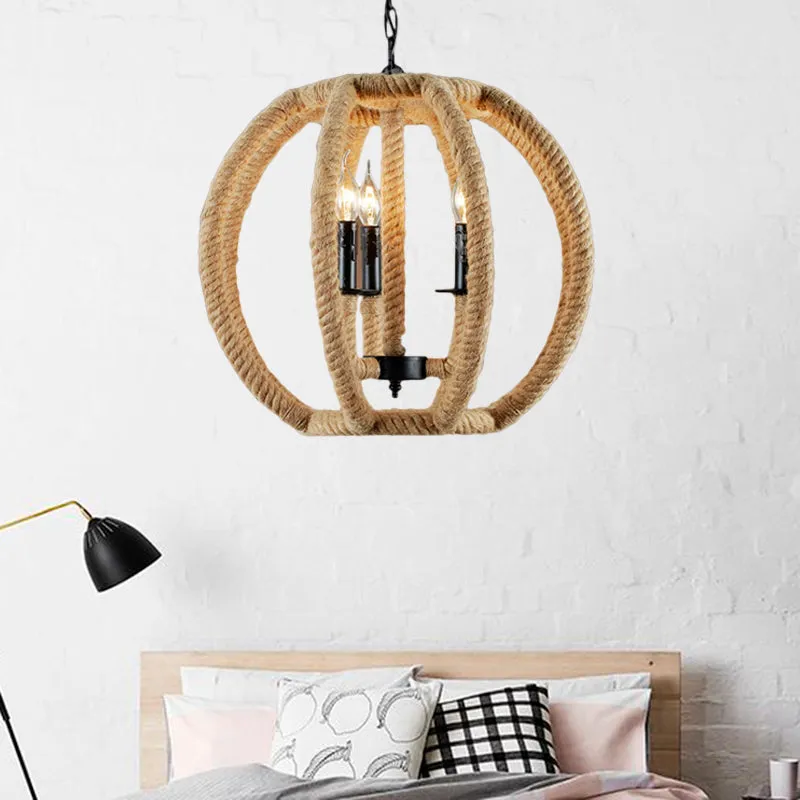 Industrial 3-Light Globe Chandelier with Beige Rope Pendant for Dining Room