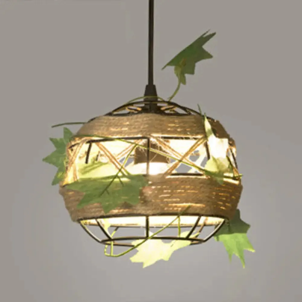 Industrial Style Rope Pendant Light with Artificial Leaf - 6.5"/8.5" W Global Restaurant Hanging Ceiling Lighting in Beige