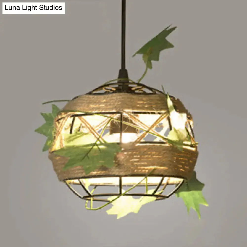 Industrial Style Rope Pendant Light with Artificial Leaf - 6.5"/8.5" W Global Restaurant Hanging Ceiling Lighting in Beige